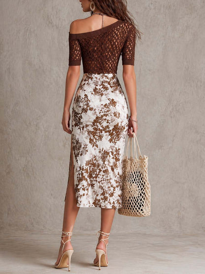 Coordinato marrone top all'uncinetto e gonna floreale – vista laterale