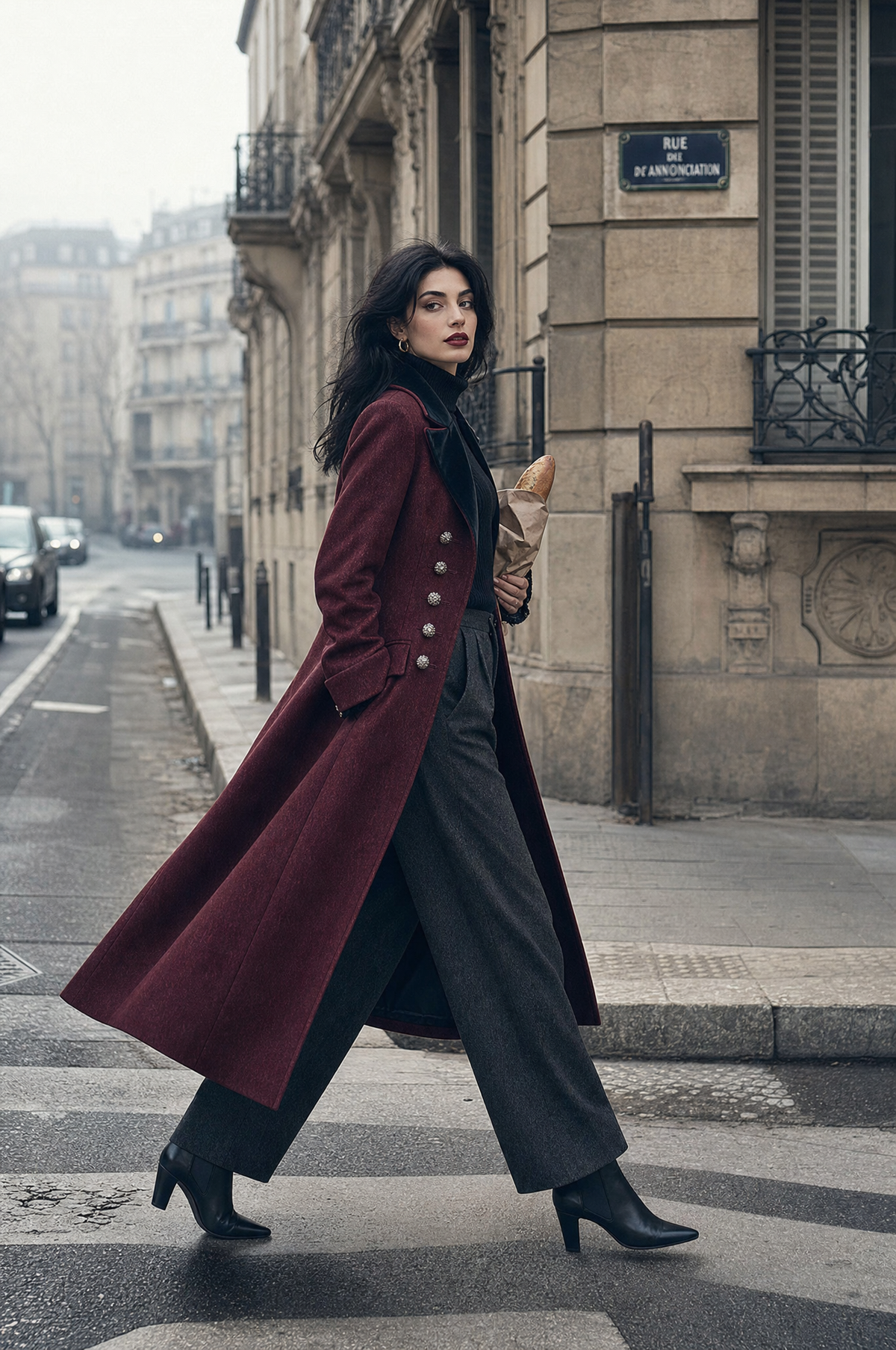 Cappotto in lana bordeaux con collo in velluto – look indossato