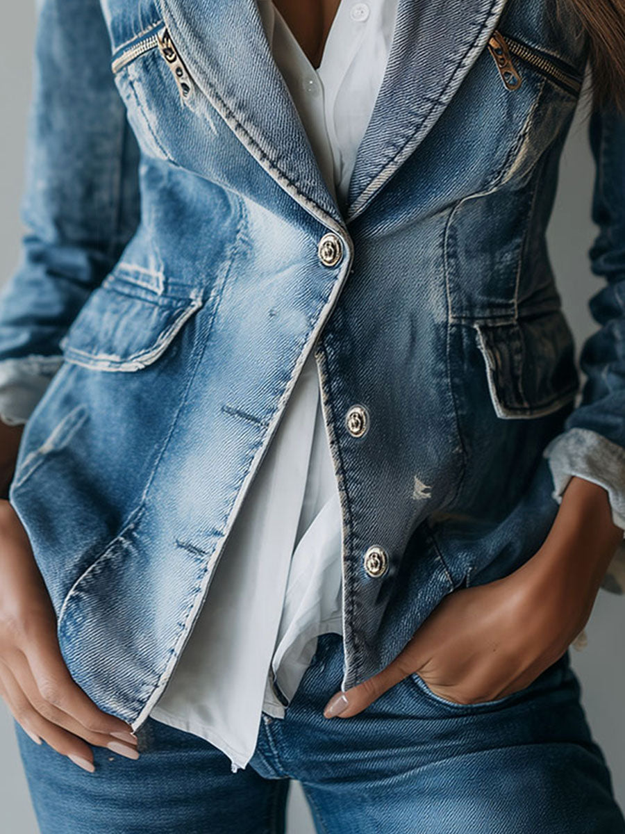 Blazer in denim blu lavato – vista d'insieme