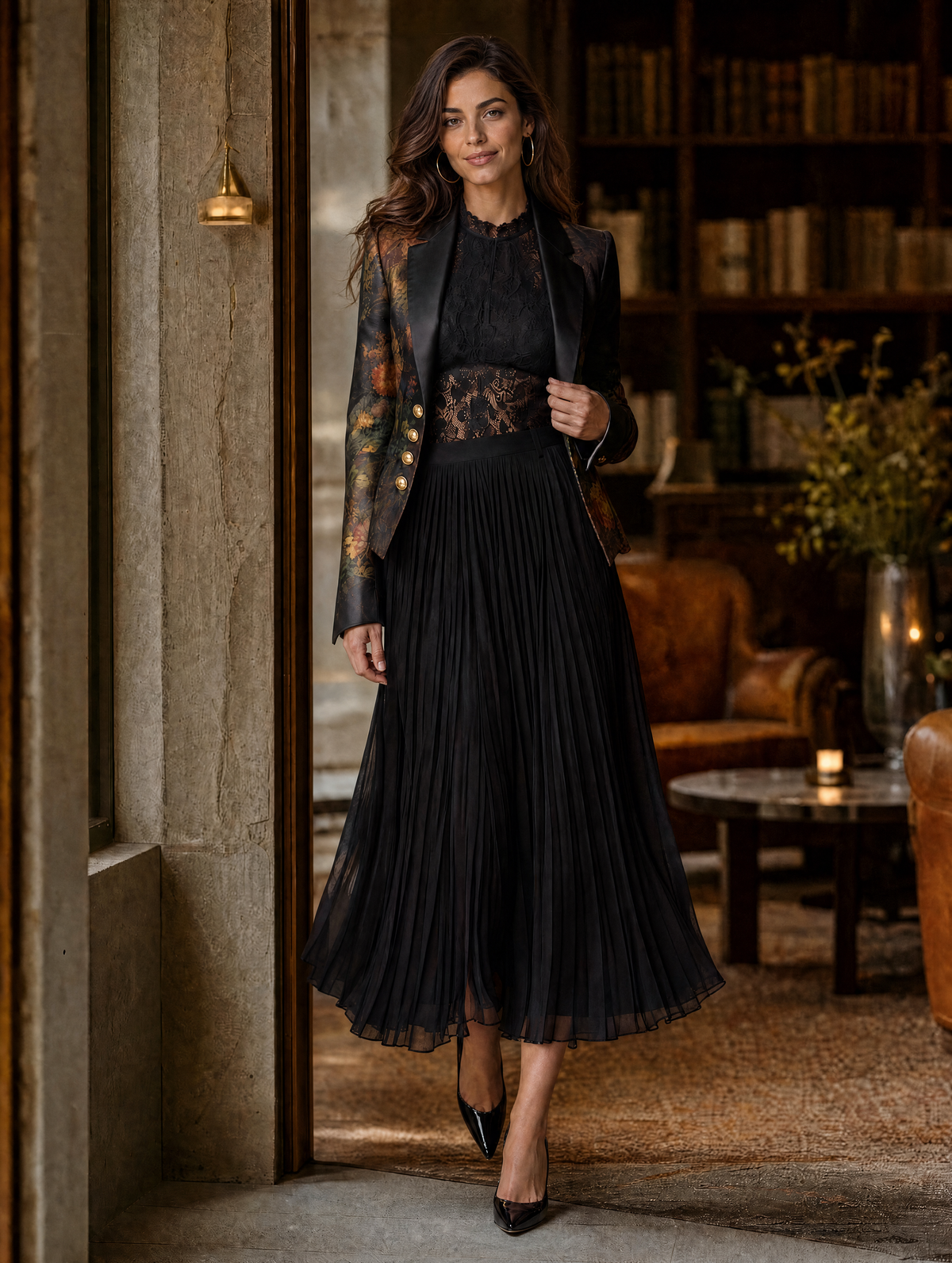 Set top in pizzo e gonna plissé in chiffon – dettaglio 5