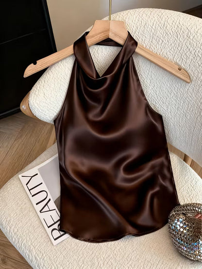 Top halter satinato caffè – vista frontale