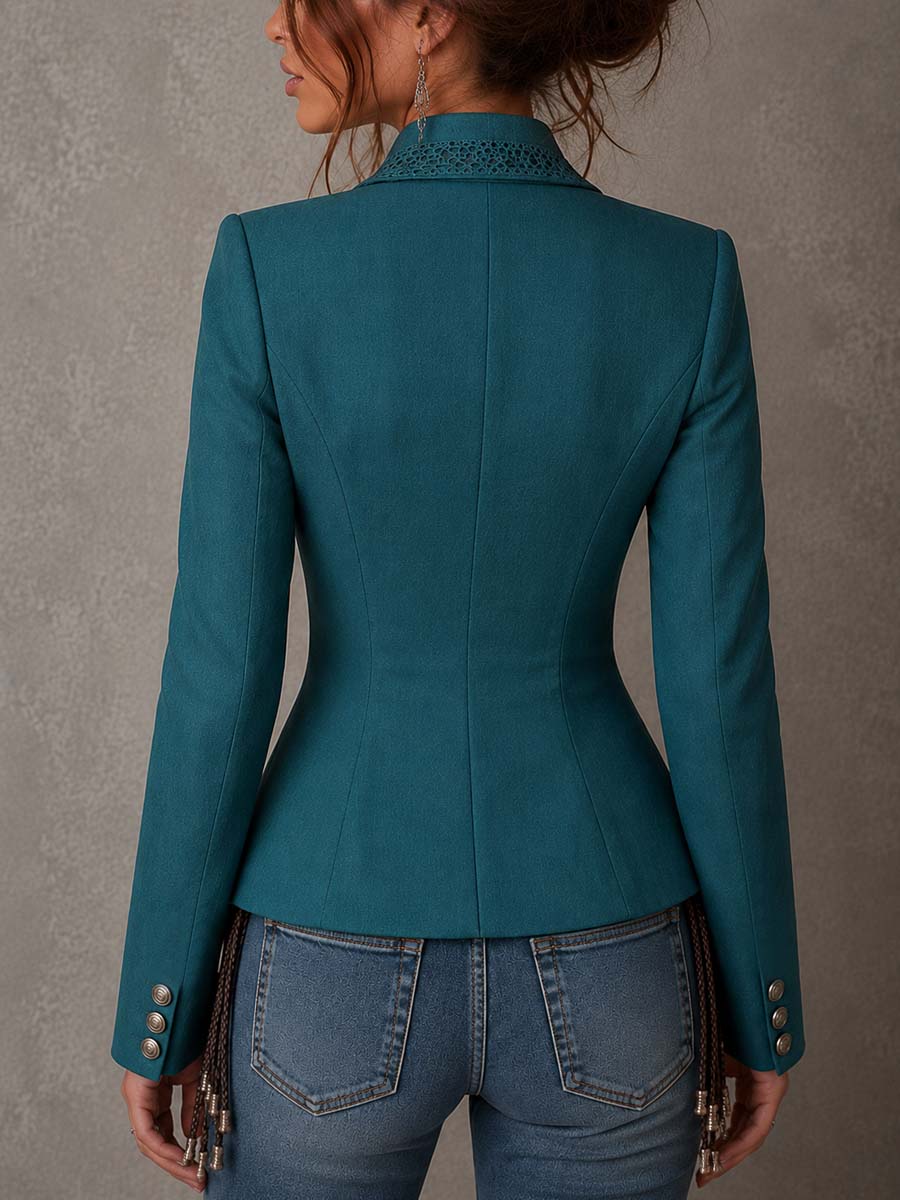 Blazer corto con pannelli in pizzo verde petrolio – dettaglio 4