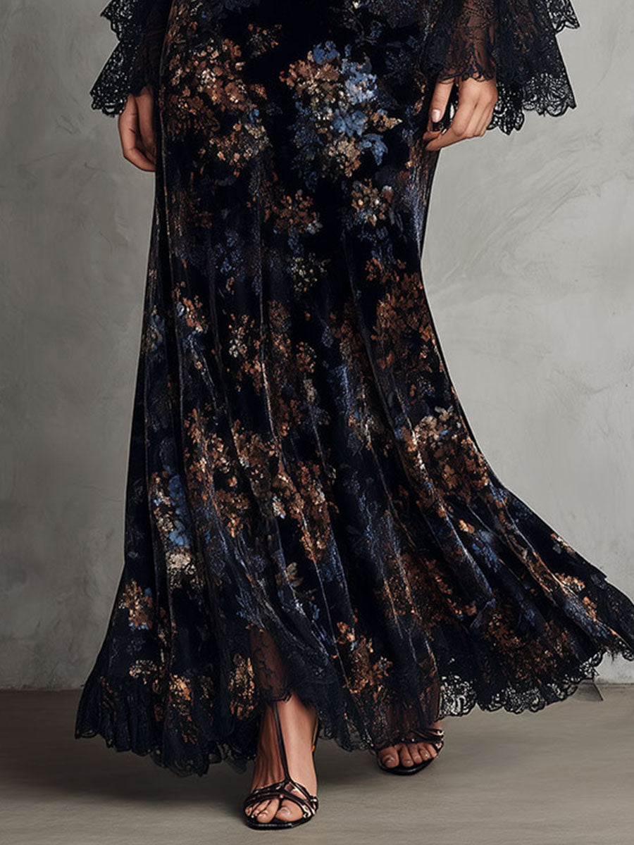 Vestito lungo blu notte in velluto – in movimento