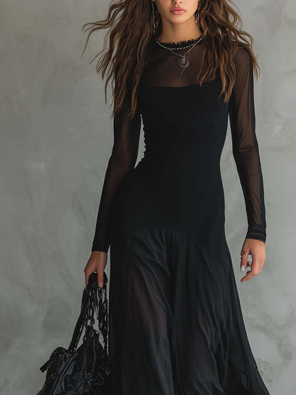 Vestito lungo nero con maniche trasparenti – dettaglio