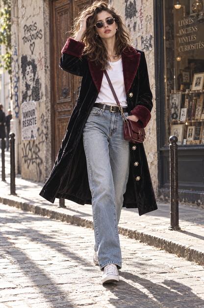 Cappotto vintage in velluto nero con revers morbido – vista posteriore