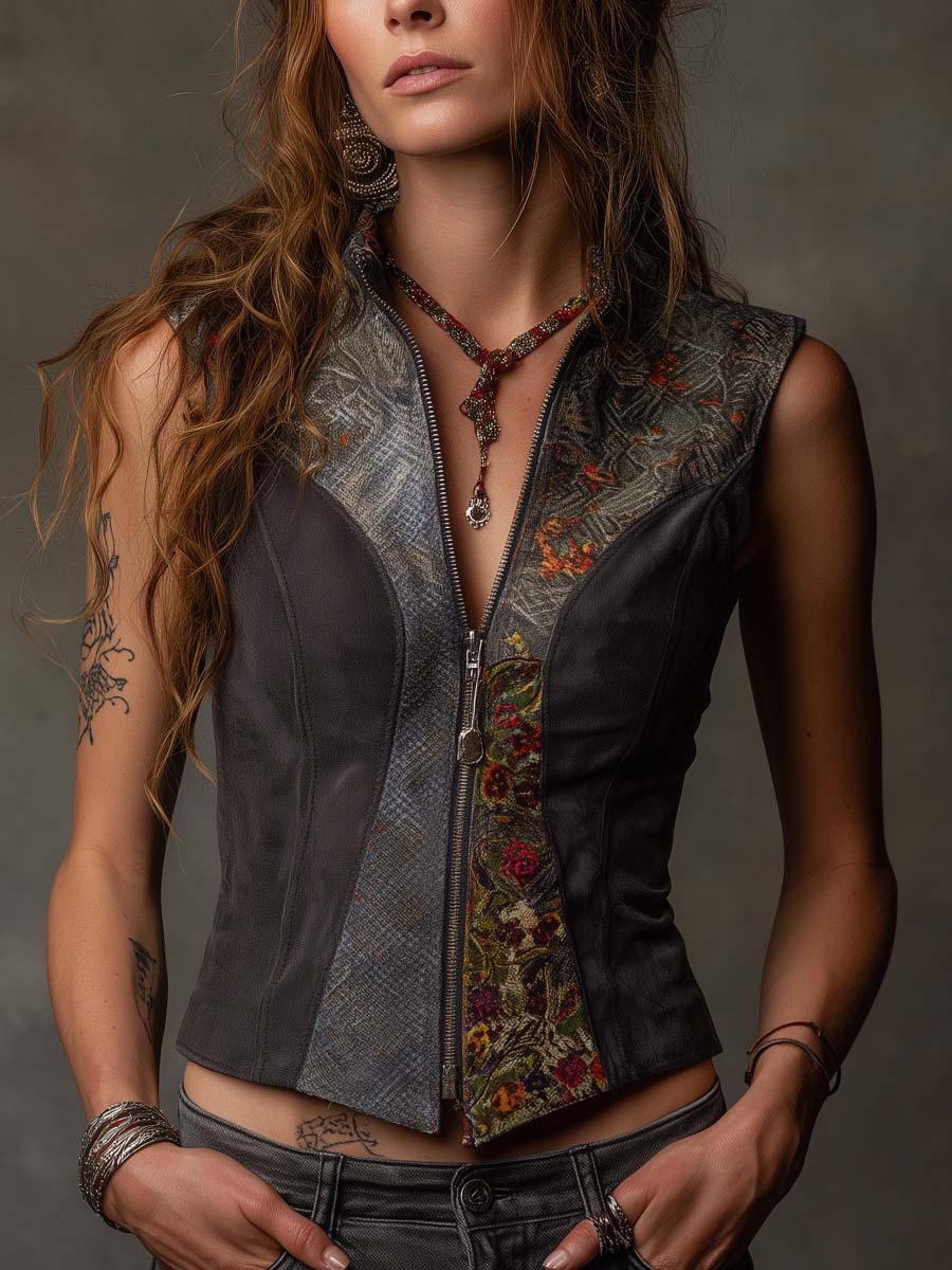 Gilet patchwork in ecocamoscio grigio scuro – vista frontale