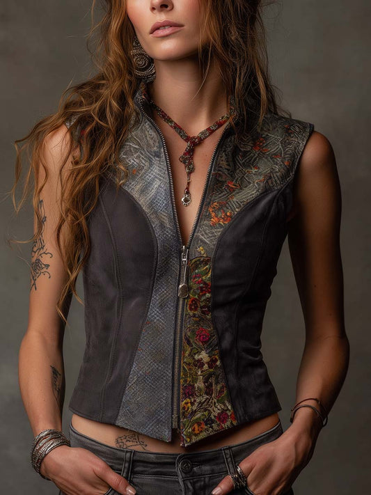 Gilet patchwork in ecocamoscio grigio scuro – vista frontale