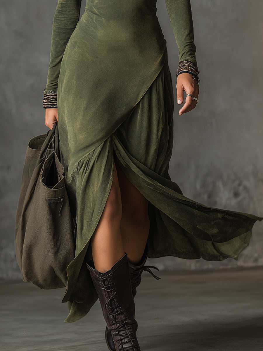Abito midi verde boho in cotone – dettaglio 5