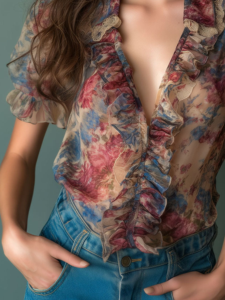 Blusa vintage floreale color albicocca – dettaglio 4