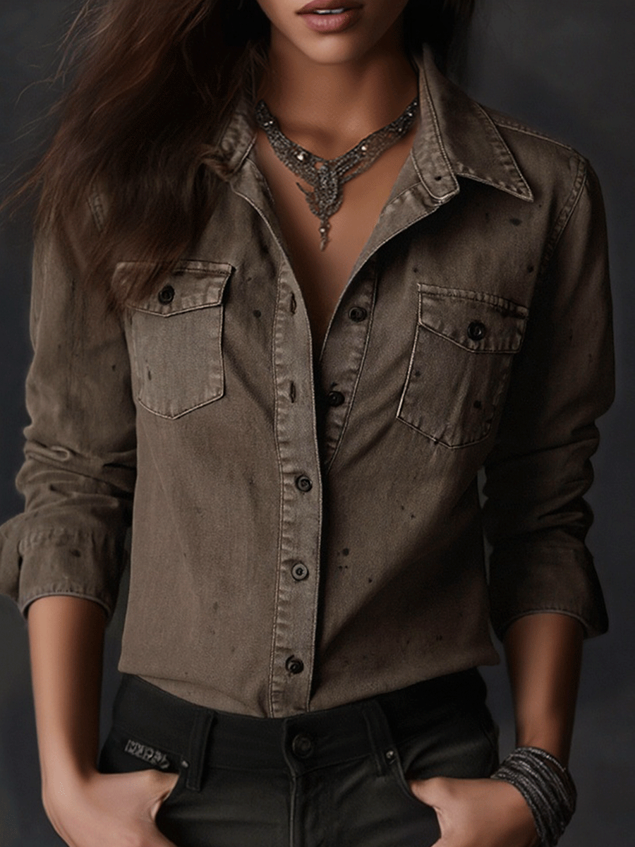 Camicia western taupe lavata vintage – vista frontale