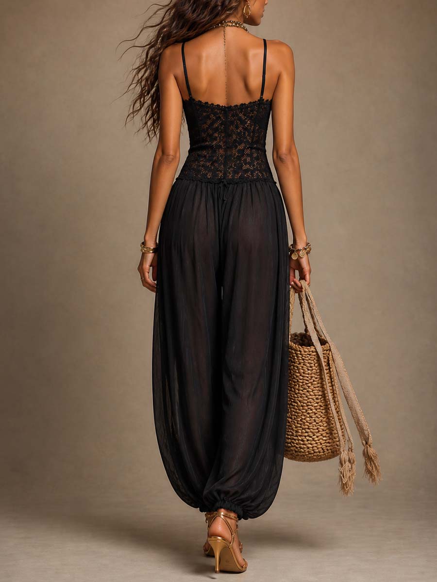Jumpsuit harem nera in pizzo e chiffon – dettaglio 4