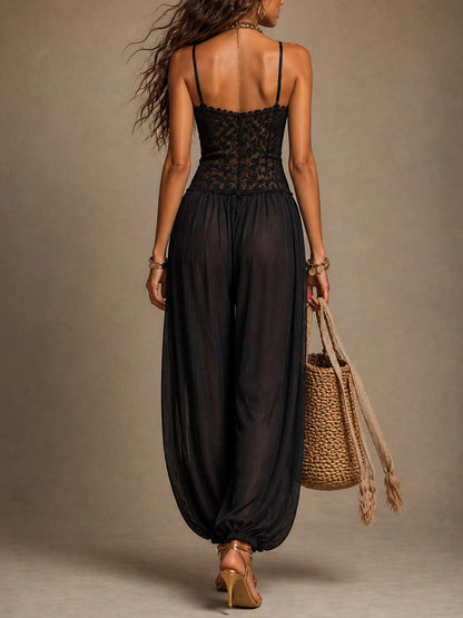 Jumpsuit harem nera in pizzo e chiffon – dettaglio 4
