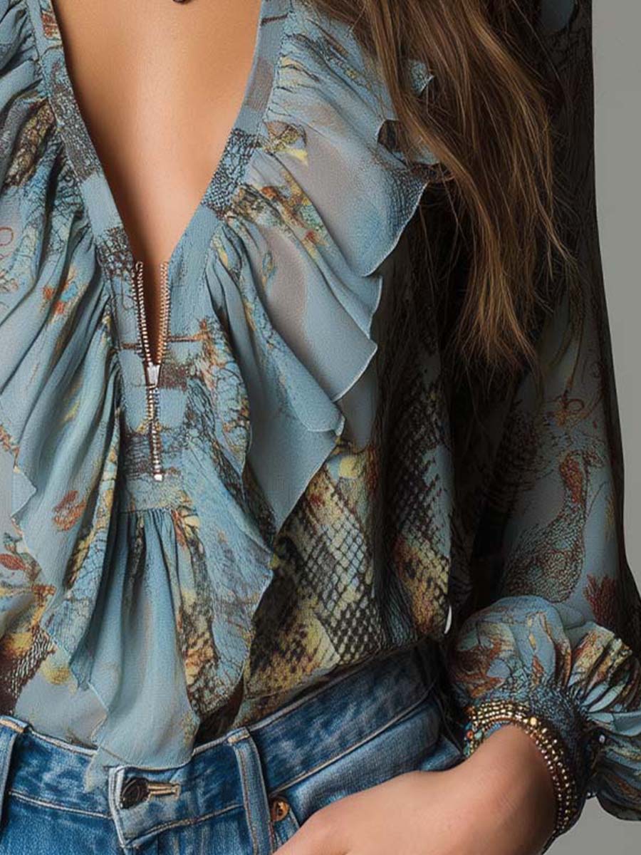 Blusa in chiffon azzurro nebbia – vista posteriore