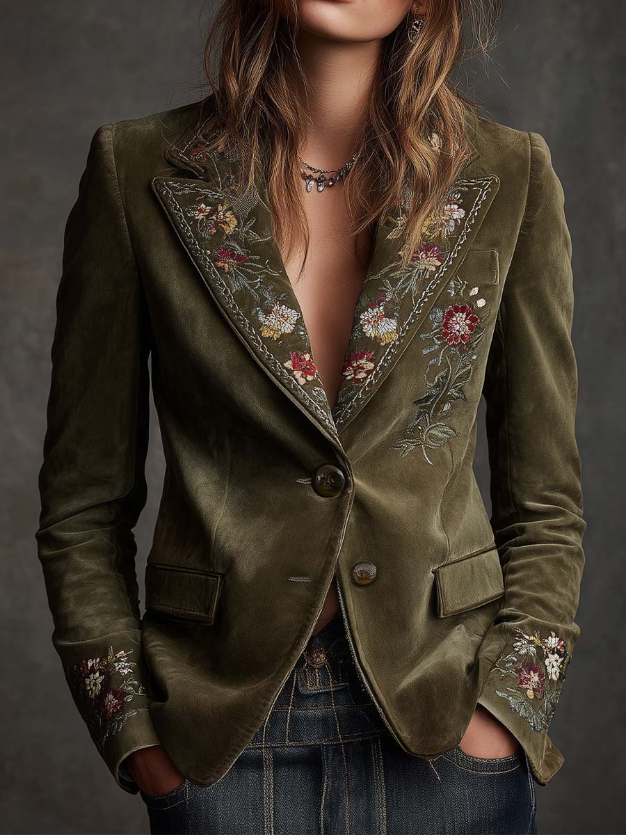 Blazer in velluto verde oliva ricamato – vista frontale