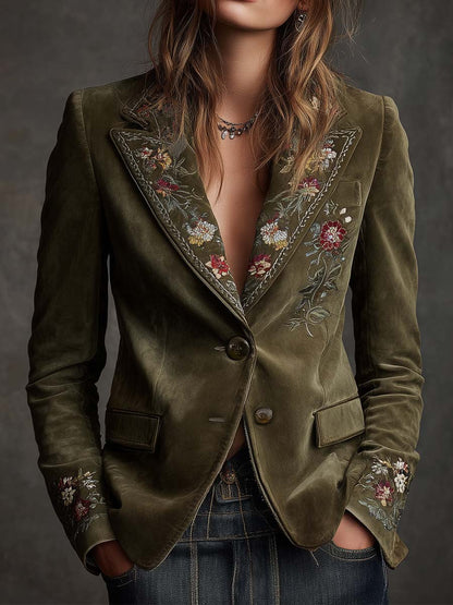 Blazer in velluto verde oliva ricamato – vista frontale