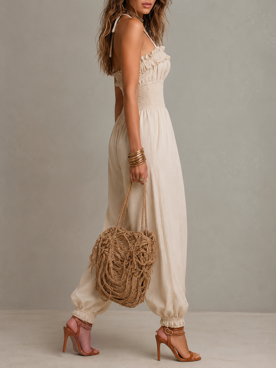 Tuta jumpsuit boho in misto lino con pizzo – dettaglio 3