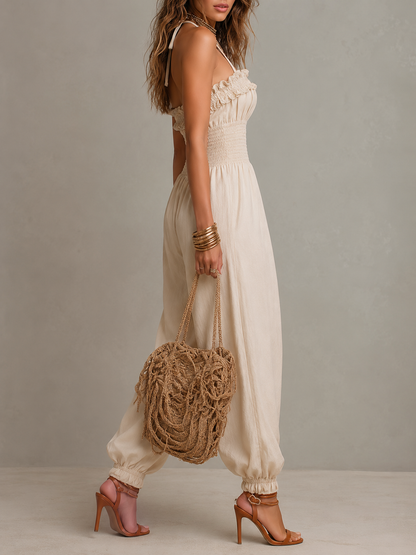Tuta jumpsuit boho in misto lino con pizzo – dettaglio 3