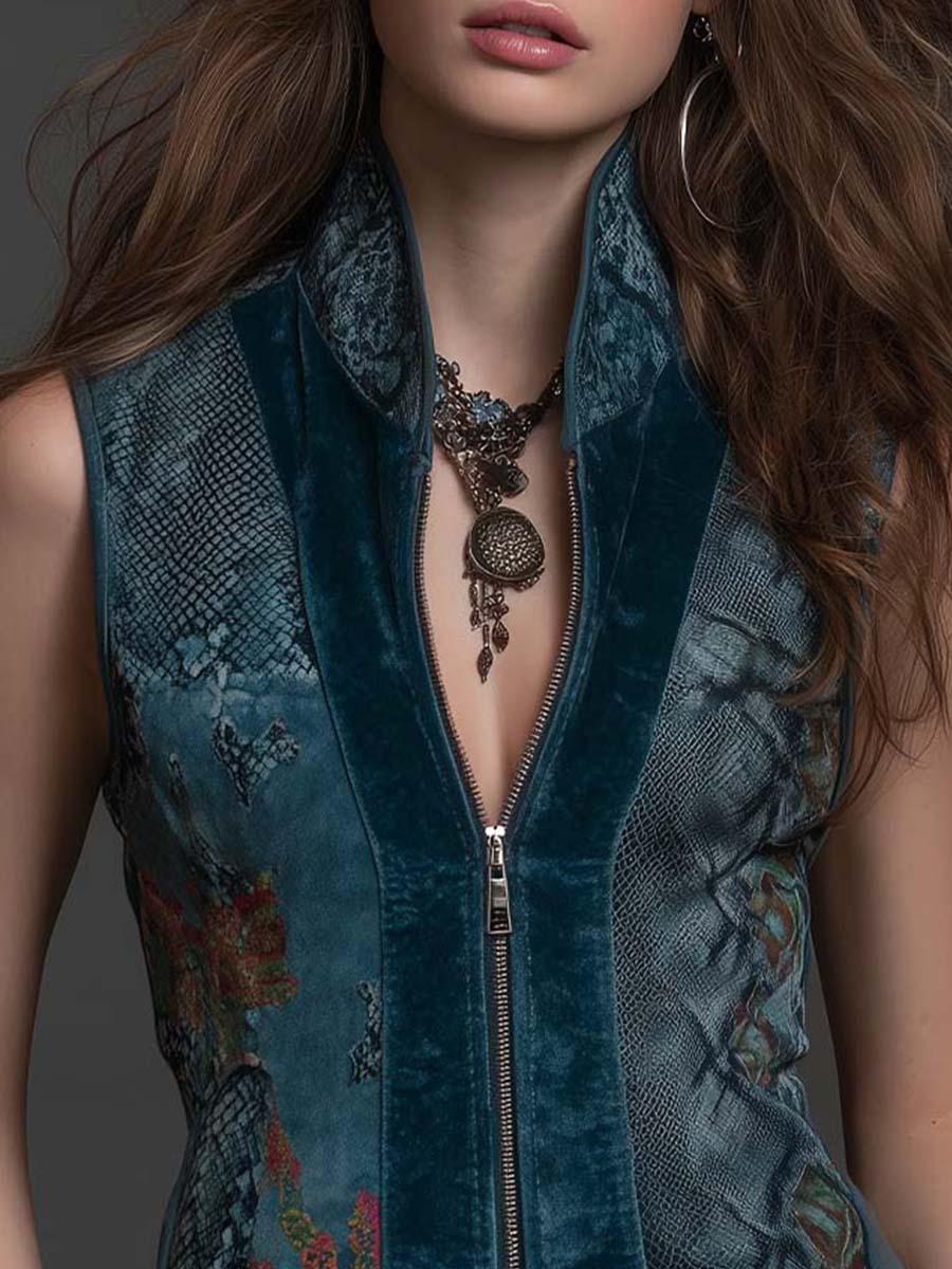 Top gilet in velluto blu petrolio – dettaglio 5