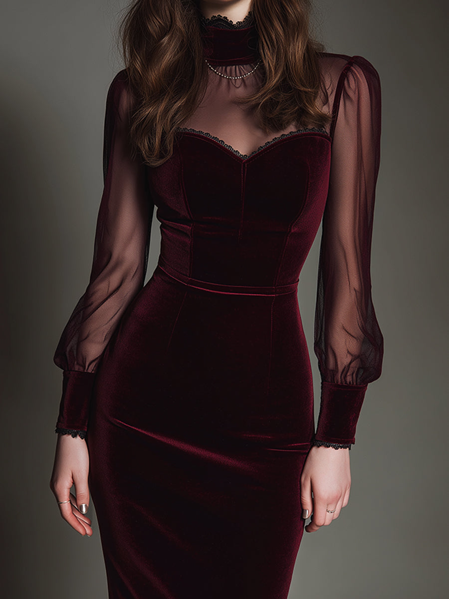 Vestito midi bordeaux in rete e velluto – dettaglio 4