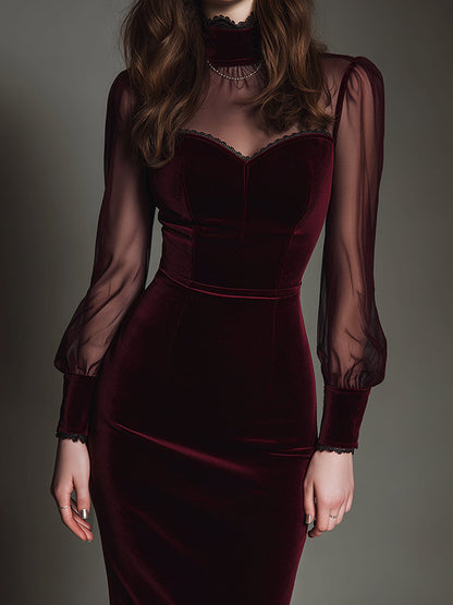 Vestito midi bordeaux in rete e velluto – dettaglio 4