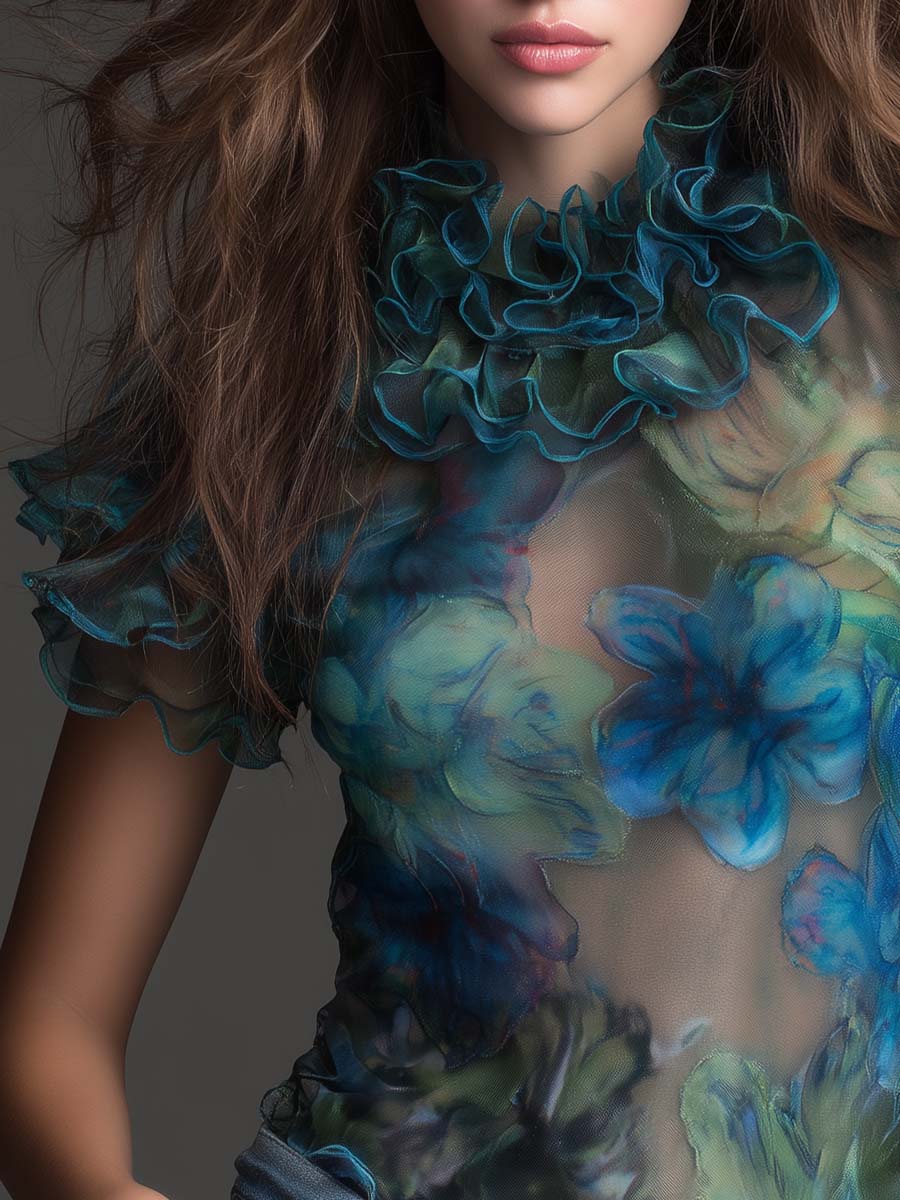 Top in rete boho trasparente floreale blu – vista posteriore