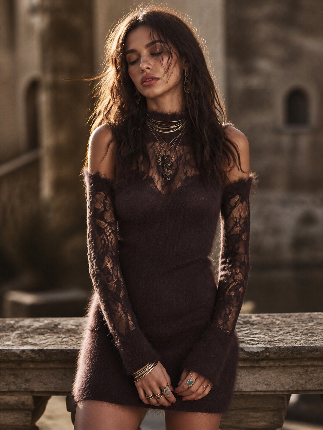 Abito mini viola polvere in mohair e pizzo – dettaglio 1