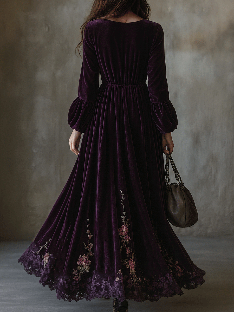Vestito lungo viola in velluto ricamato – dettaglio 4