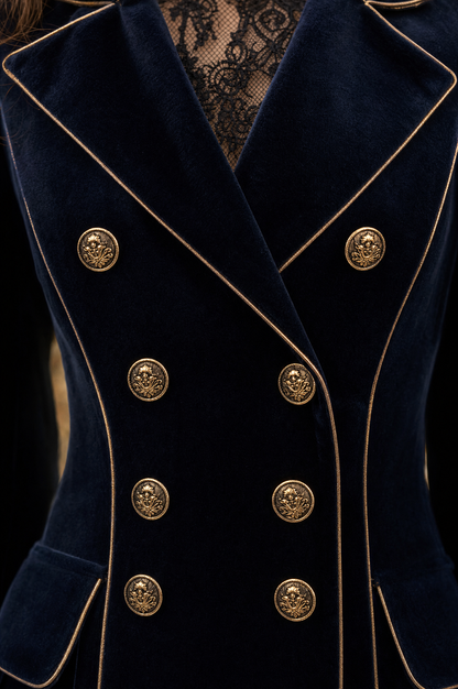 Cappotto lungo in velluto blu navy doppiopetto con profili oro – dettaglio 4