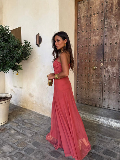 Abito lungo terracotta con scollo bardot – foto 2