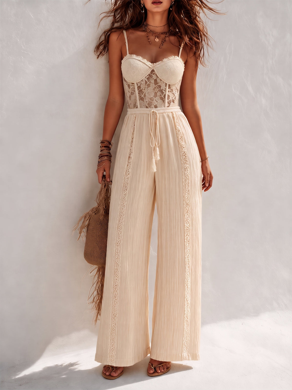 Jumpsuit boho crema con corpetto in pizzo – dettaglio 4