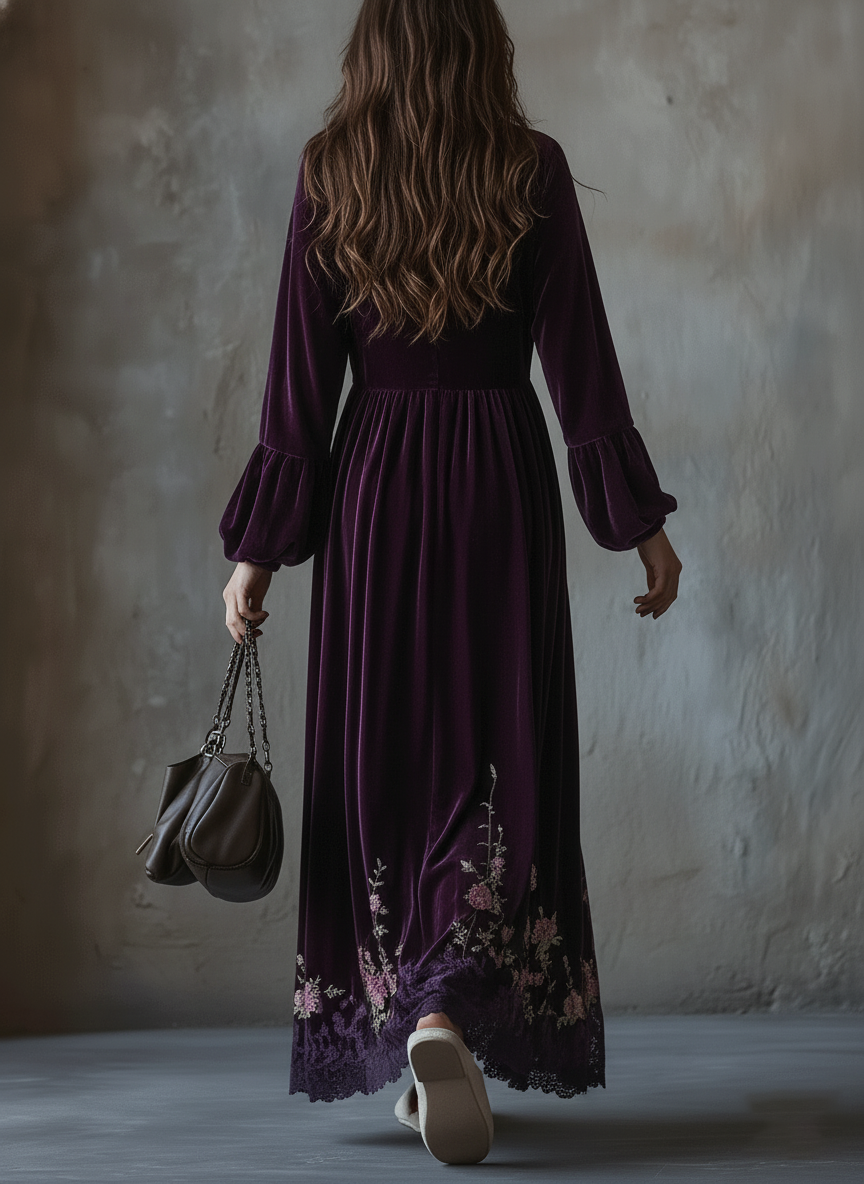 Vestito lungo viola in velluto ricamato – dettaglio 3