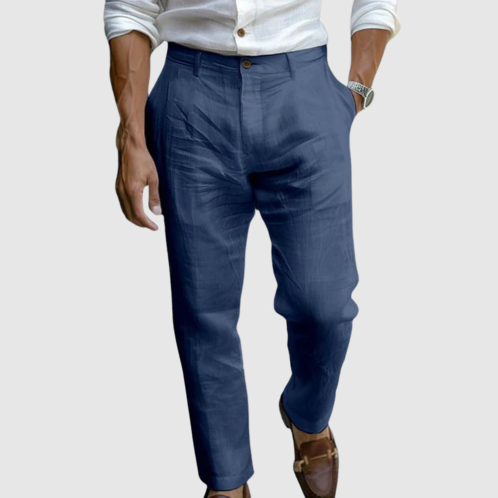 Pantaloni Baltasar in lino blu – vista frontale