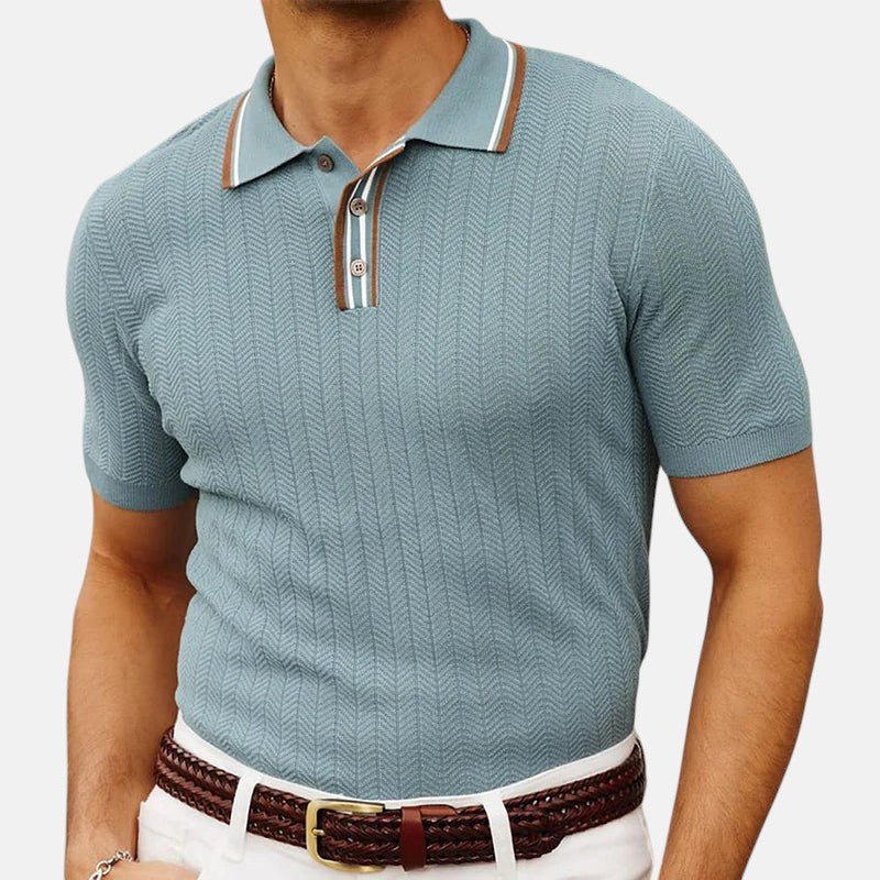Polo Raúl azzurra con colletto a righe – vista frontale
