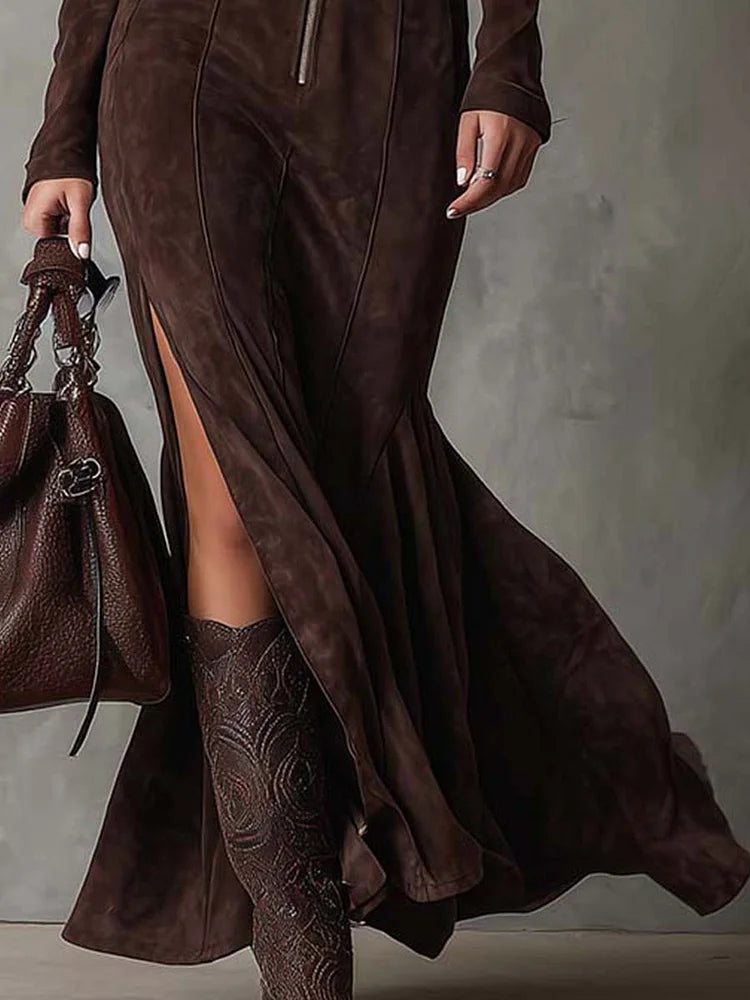 Vestito lungo marrone nocciola – vista laterale