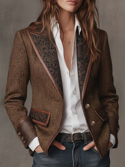 Blazer in tweed spigato marrone – vista frontale