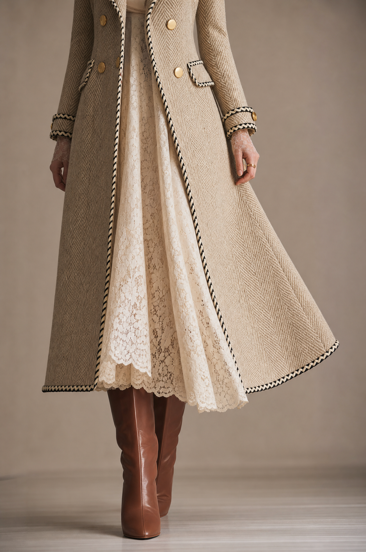 Cappotto lungo in lana spigata color kaki – dettaglio 6