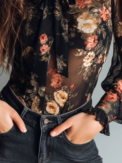 Blusa vintage nera in chiffon con fiori – dettaglio 6