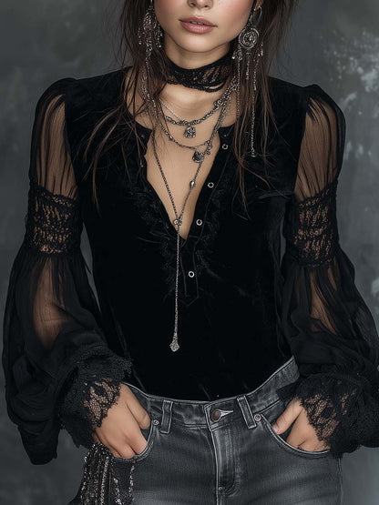 Blusa vintage in velluto nero con pizzo – vista frontale