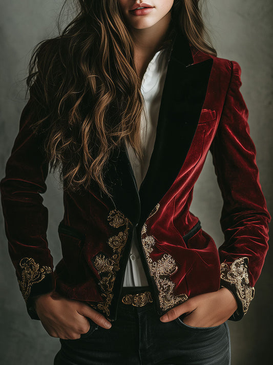 Blazer in velluto bordeaux ricamato – vista frontale