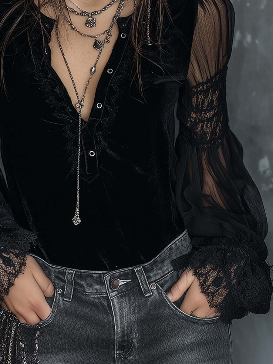 Blusa vintage in velluto nero con pizzo – dettaglio 6
