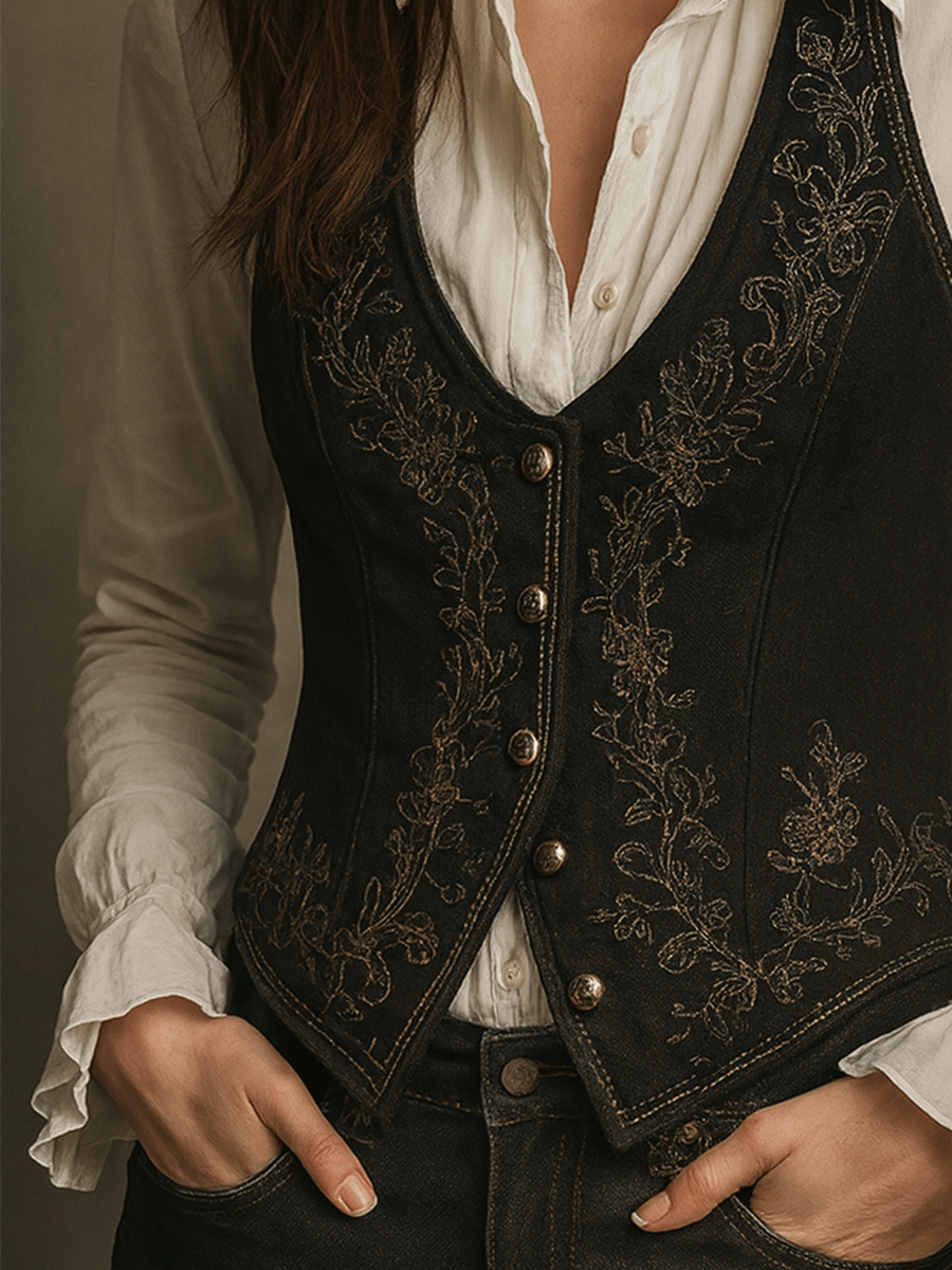 Gilet boho nero in velluto ricamato – dettaglio 4