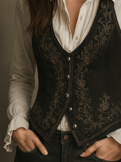 Gilet boho nero in velluto ricamato – dettaglio 4