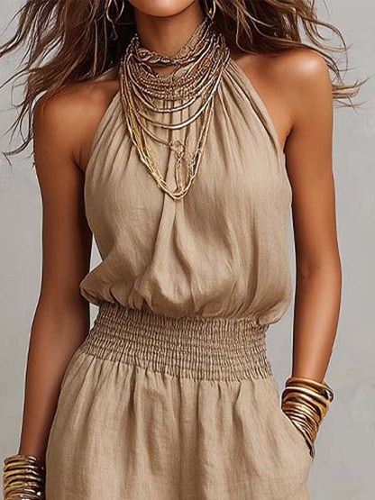 Tuta halter in cotone e lino – in movimento