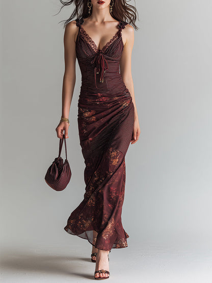 Vestito lungo bordeaux righe e fiori – vista frontale