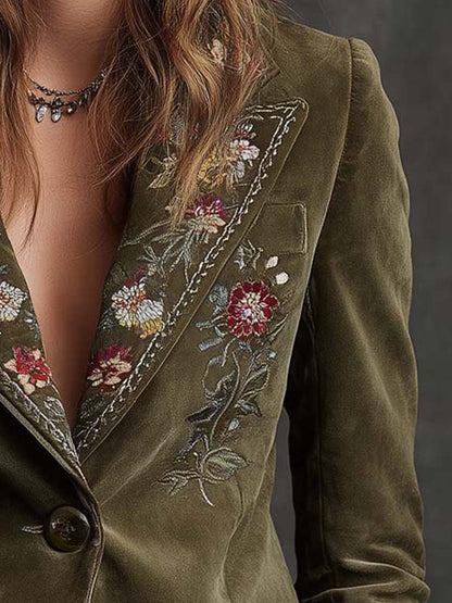Blazer in velluto verde oliva ricamato – dettaglio 5