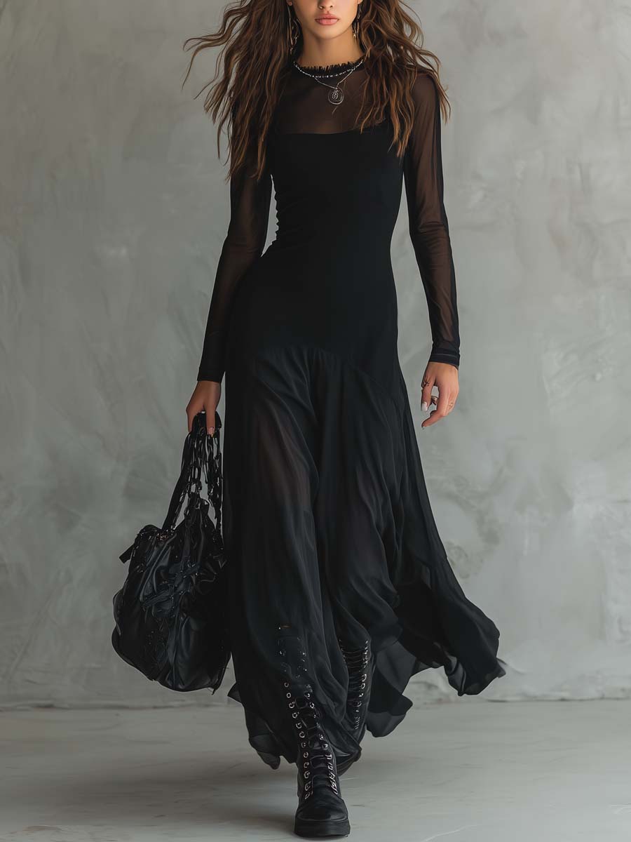 Vestito lungo nero con maniche trasparenti – vista frontale