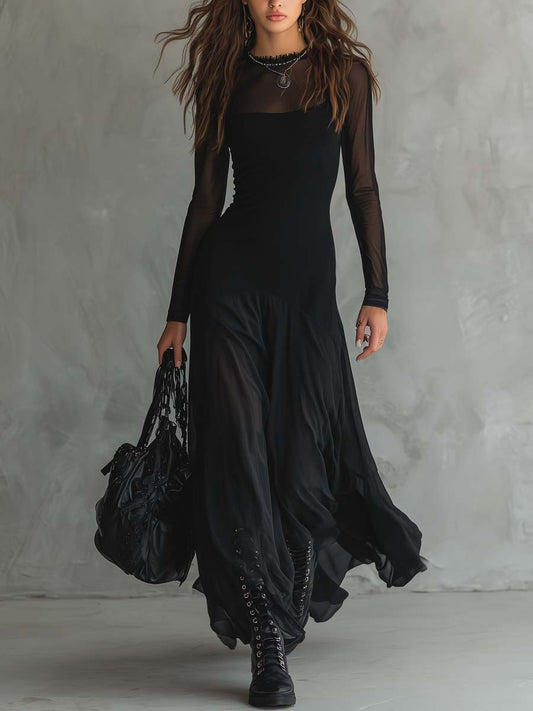 Vestito lungo nero con maniche trasparenti – vista frontale