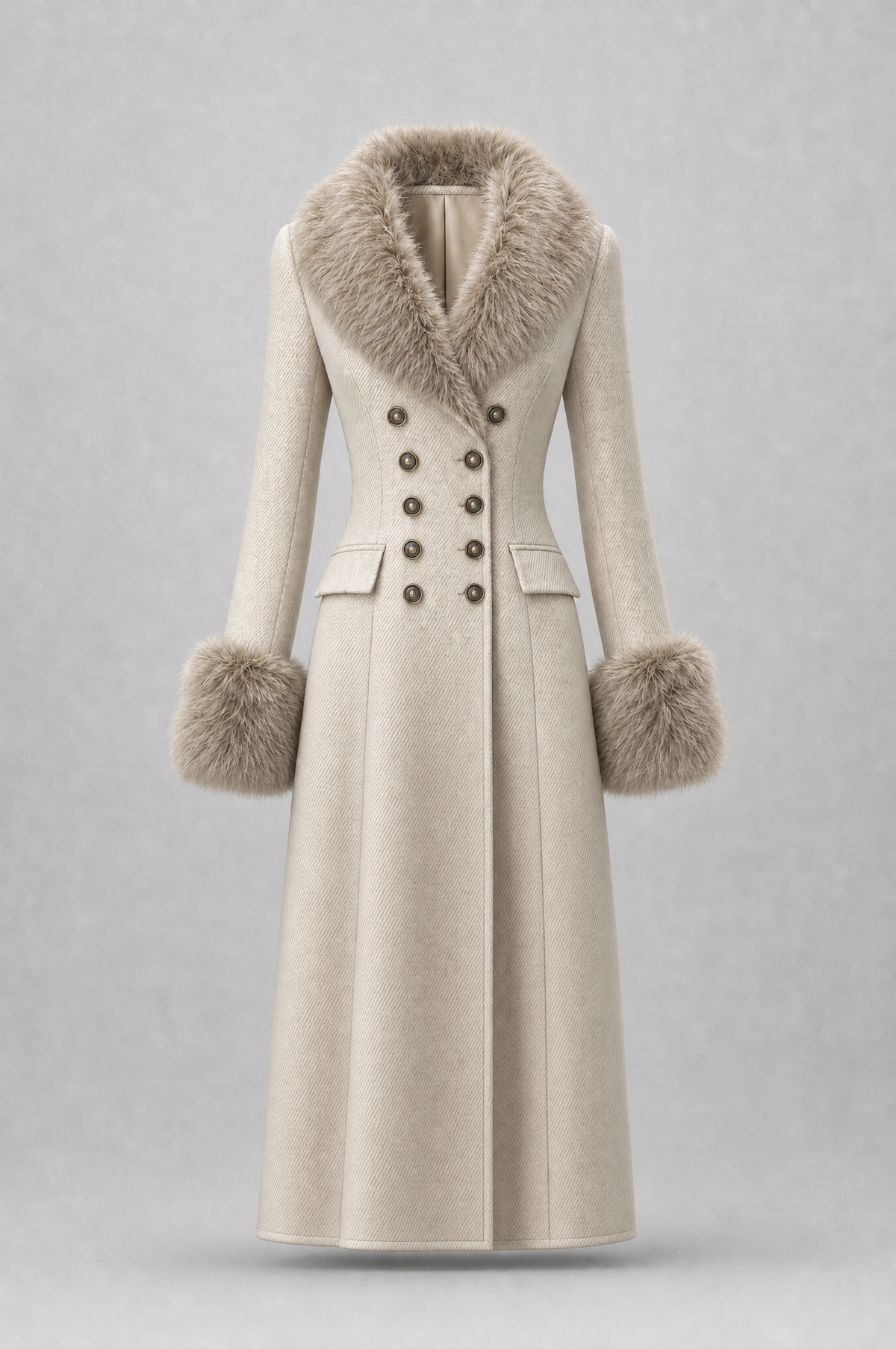 Cappotto beige doppiopetto quiet luxury – dettaglio tessuto