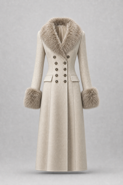 Cappotto beige doppiopetto quiet luxury – dettaglio tessuto
