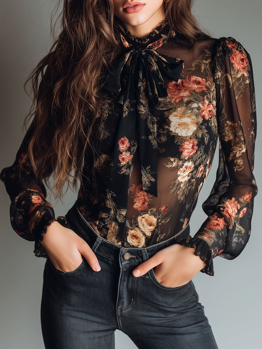 Blusa vintage nera in chiffon con fiori – vista frontale